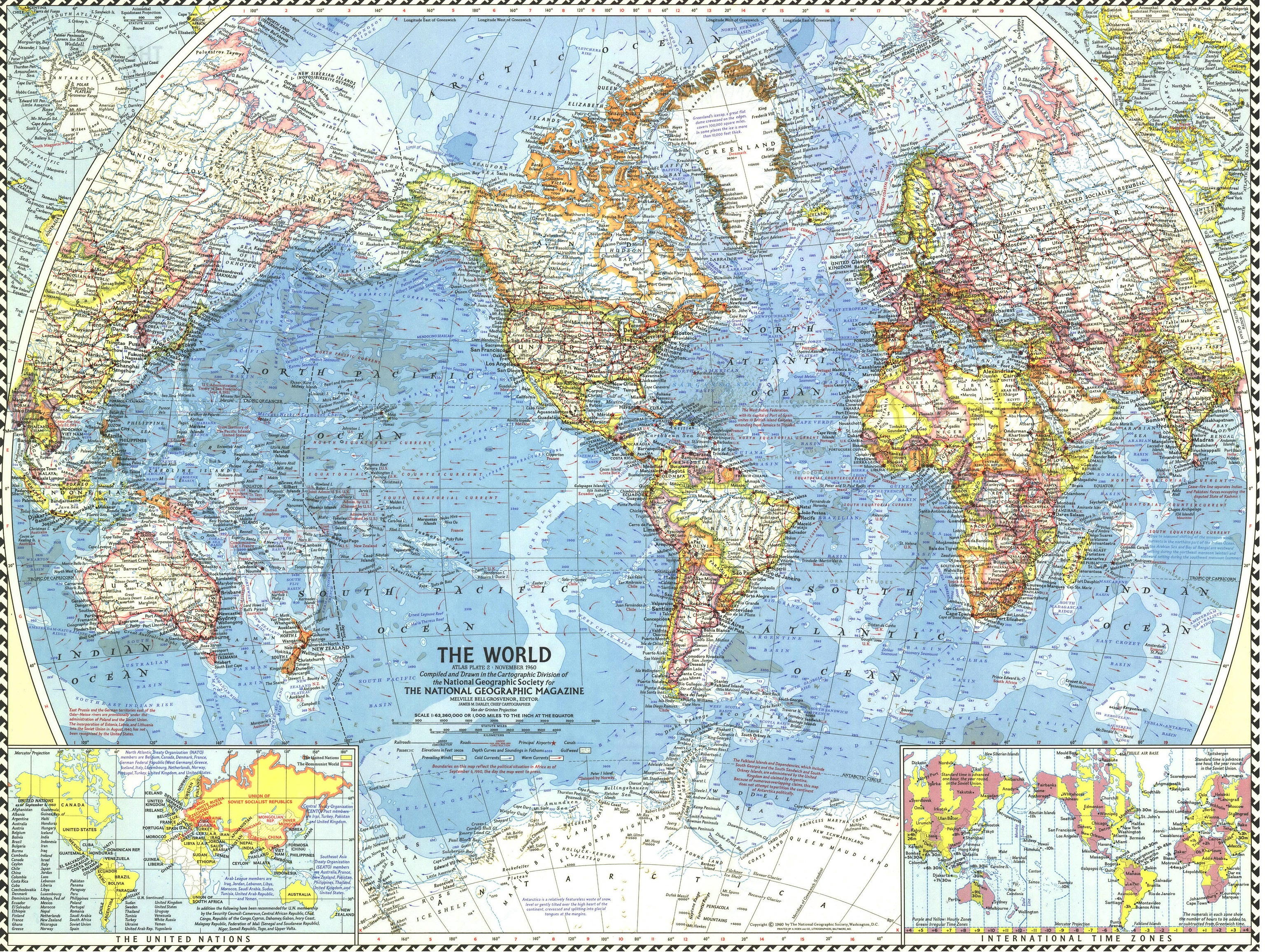 Map of the World in 1960Drawn with Van der Grinten projection. Scale on equator 1 inch = 1000 miles (1: 63,360,000)Extra